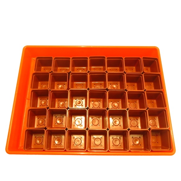 Do oranžovej, plastovej misky 40x30 cm, ktorá je tiež v ponuke vojde 35ks kvetináčov s rozmerom 5x5 cm